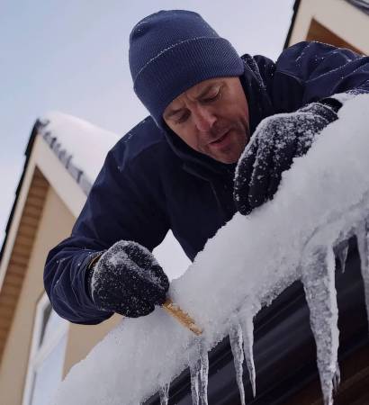 Removing snow and ice from roof gutter to prevent damage and ensure proper drainage. person is focused and careful while working in snowy environment.